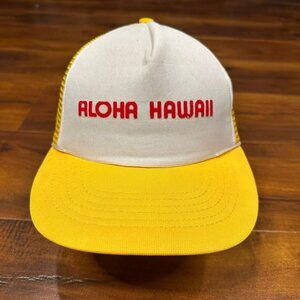 Vintage 80s Hawaii Rope Snapback Hat Spellout Yellow White Trucker Aloha